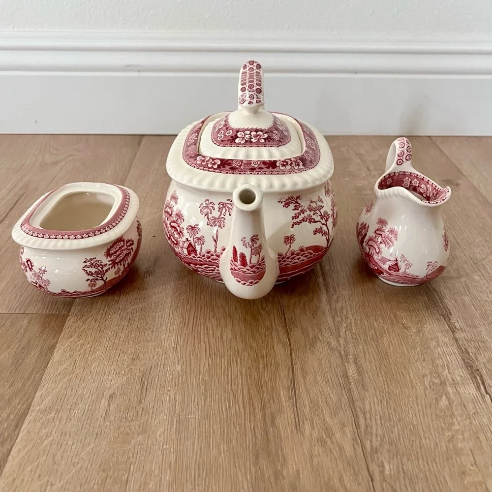 Spode England “ Pink Tower “ 5 Cup Teapot, Creamer, Sugar‎ Bowl Set - Vintage